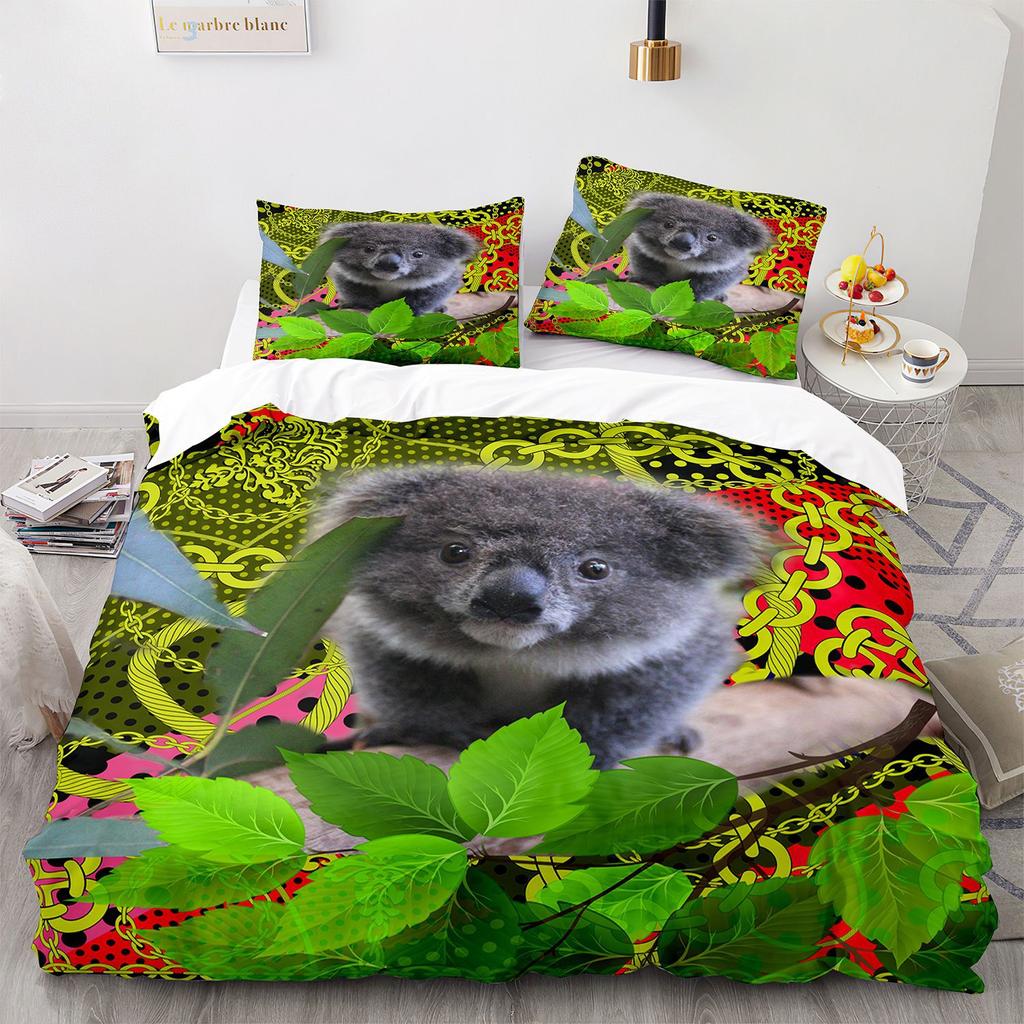 Zestaw Poszwy na Kołdrę Koala Uroczy Wzór Zwierzęcy Zestaw Pościeli Liść Palmy Poliester Poszwa na Kołdrę dla Dzieci Rozmiar Pełny/Twin/Queen/King