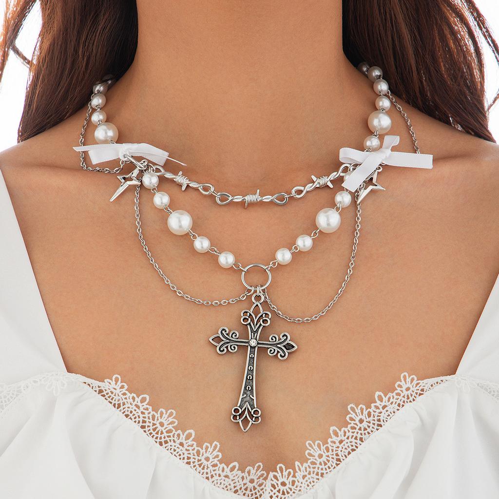 Accessories Punk Metal Cross Imitation Pearl Tassel Necklace, Sweet Cool Bow Necklace