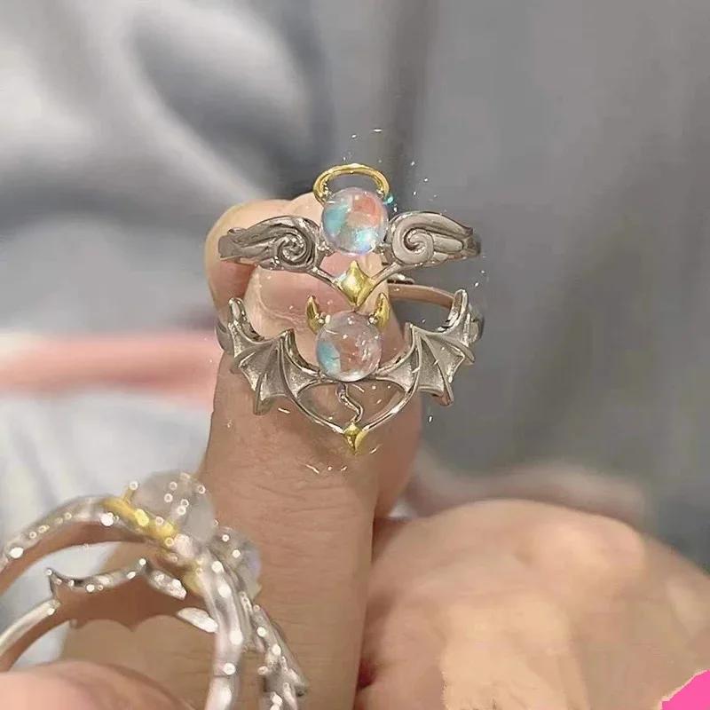 Angel and Demon Couple Cartoon Ring Moonlight Stone Gift for Male and Female Friends Opening Ring Adjustable Lovers Jewelry Gift