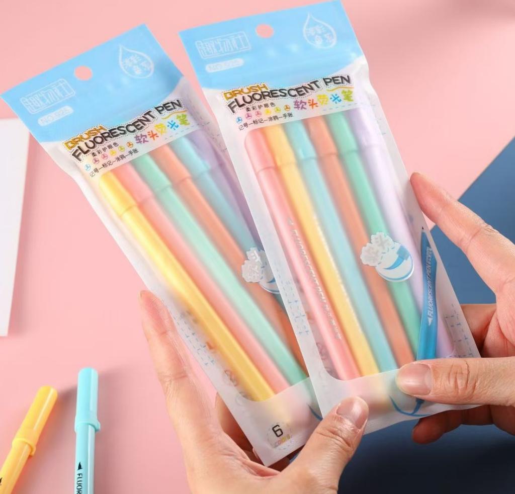 6pc Soft Brush Pen Set - Ideal for Highlighting, Calligraphy & Coloring - Perfect for Art Enthusiasts