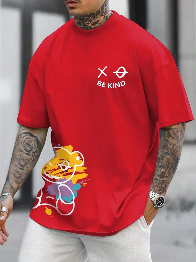 Summer New Men 100% Cotton Loose Alphabet Cartoon Print Casual and Comfortable Round Neck Short-sleeved T-shirt Top