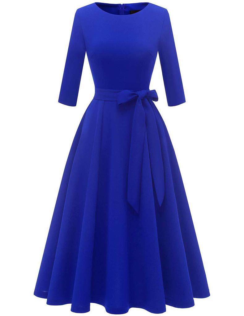Garden Collar Seven-Sleeve Women's Evening Gown with Wide Hem Skirt - Solid Color Vacation Dress