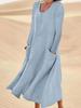 Summer Women's Casual and Fashionable Cotton Linen Long Sleeved Round Neck Dress