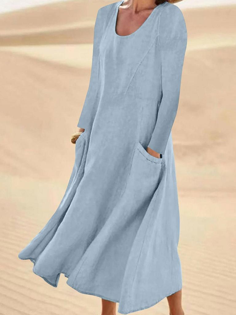 Summer Women's Casual and Fashionable Cotton Linen Long Sleeved Round Neck Dress