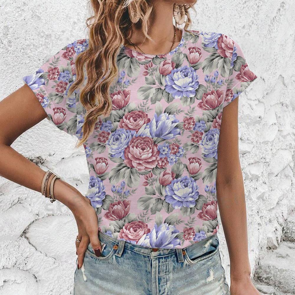 Elegant Vintage Style Flower Print T-shirt Top Summer Loose Breathable Women's T-shirt Fashion New Round Neck T-shirt