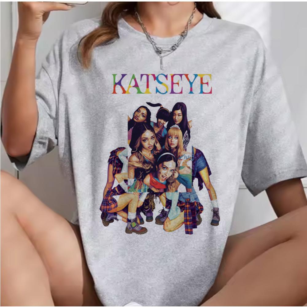 Katseye Beautiful Chaos Pink Gray T-shirts Kpop Tee Women and Unisex Oversized Tee Graphic Short Sleeve T-Shirt Unisex Tops