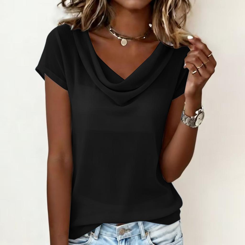 Women’s Short Sleeve Loose Fit Drape Neck Top Casual Relaxed Style Basic T-Shirt Comfortable Soft Fabric Versatile Design for Everyday Wear