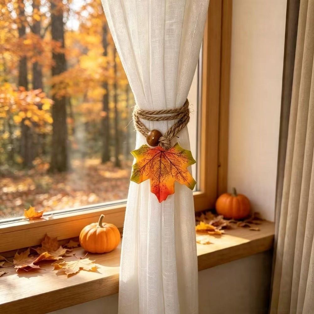 2Pcs Handcrafted Autumn Curtain Hold Back Simulated Maple Leaf Fall Leaf Curtain Strap Thanksgiving