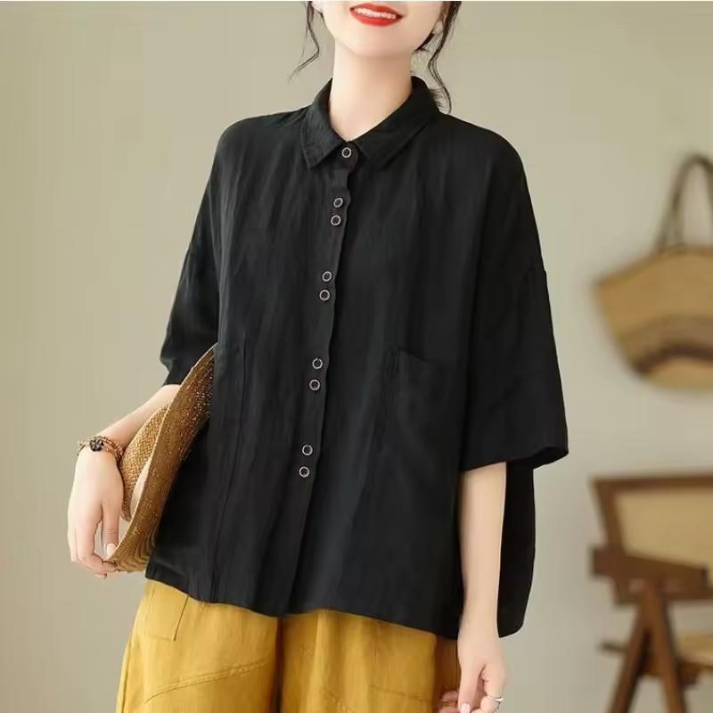 

Women s Summer Literary-Style Loose-Fit Solid-Color Collared Short-Sleeve Shirt Simple Single-Button Lightweight Commuter Top XS чёрный