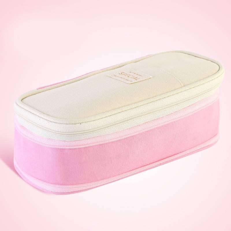 Stylish Macaron Color Canvas Expandable Large Capacity Pencil Case With Dual Zippers