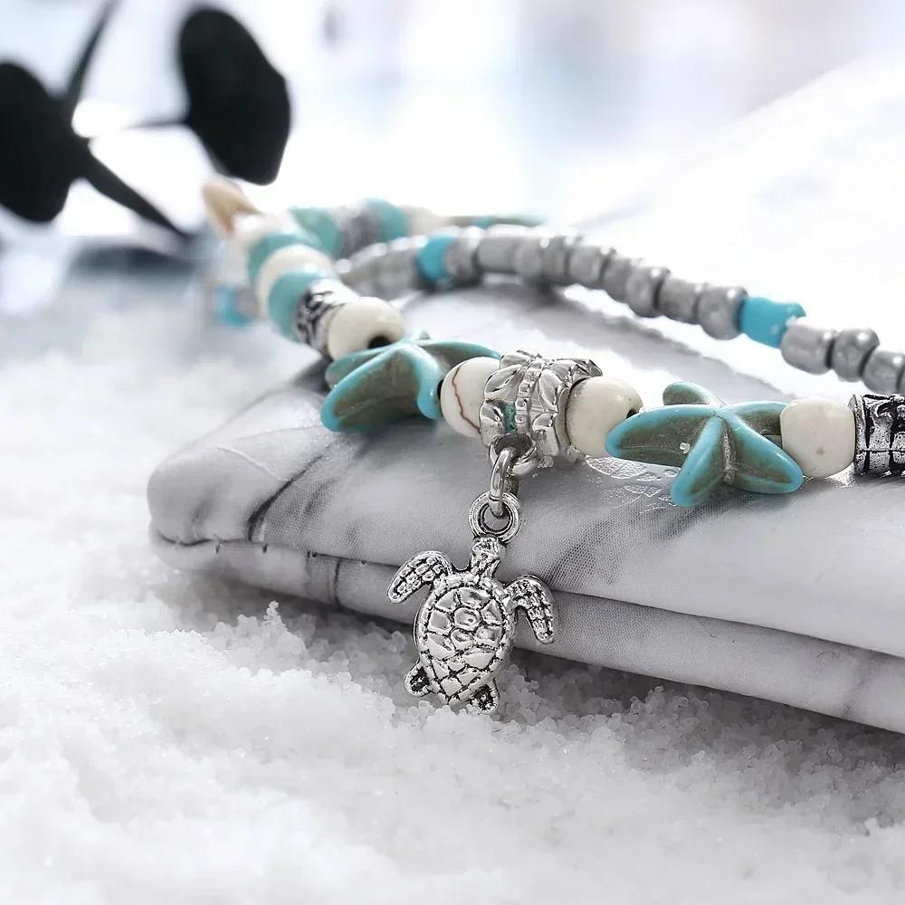Blue Turtle Ankle Chain Women Multi Layer Beaded Handmade Beach Ankle Bracelet Set Bohemian Foot Jewelry