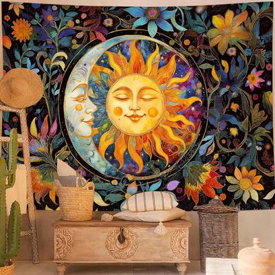 Wegklazax Abstract Sun and Moon Floral Tapestry, Bohemian Hippie Cosmic Wall Art for Room Decor, Artistic Nature Home Decor
