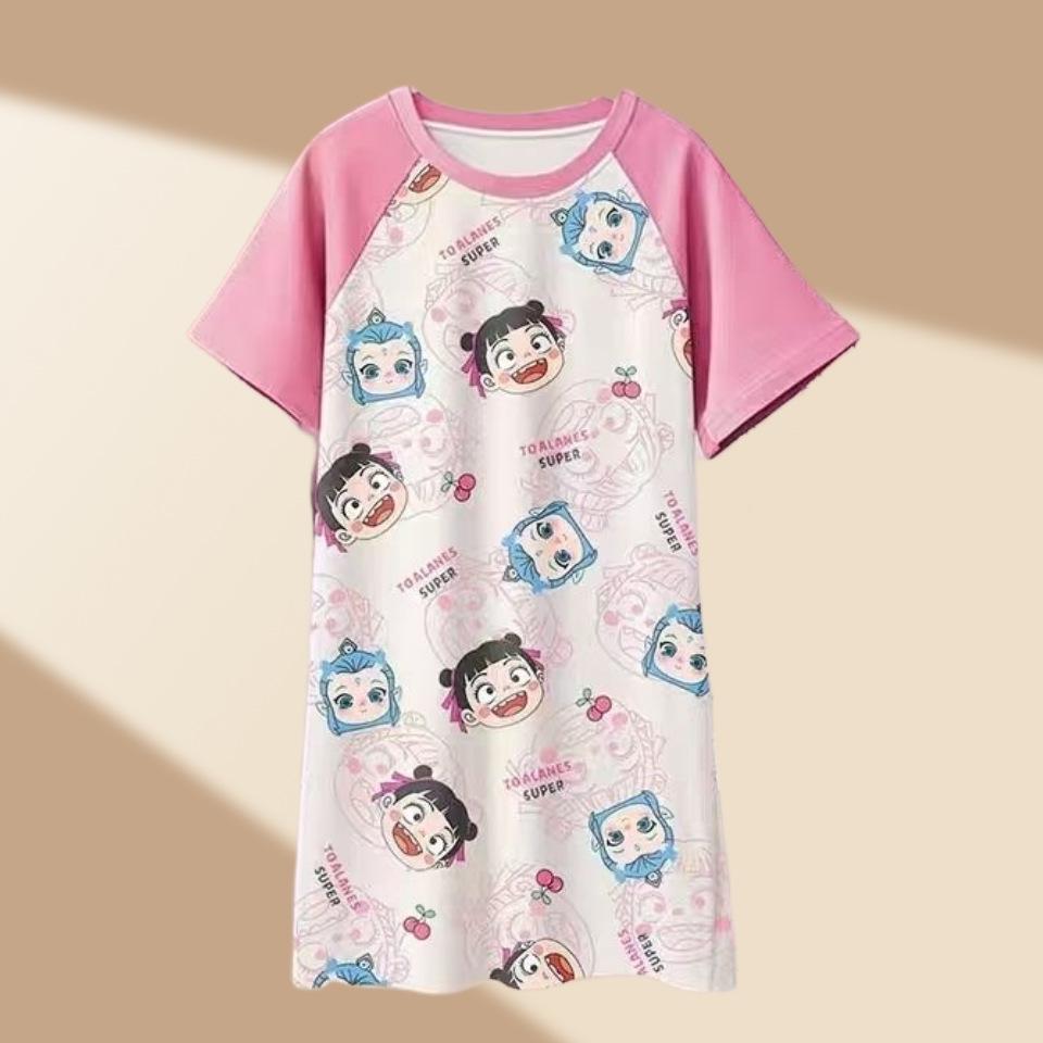 Girls' Summer Princess Pajama Dress - Short Sleeve, Loose Fit, Lightweight Sleepwear for Kids.