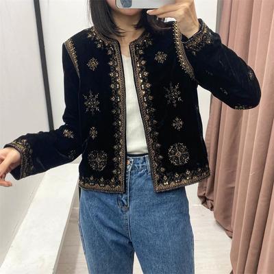 Spring Summer Women's Versatile Slim Fit Palace Embroidered Velvet Coat Retro Long Sleeved Cardigan Jacket