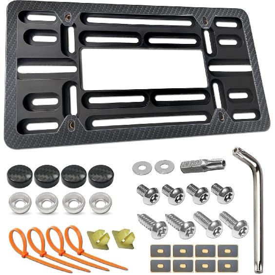 Aootf Front License Plate Mounting Kit- License Plate Bracket & Black Aluminum Car Tag Holder Cover Fit No Drilling Hole Front Bumper, Universal