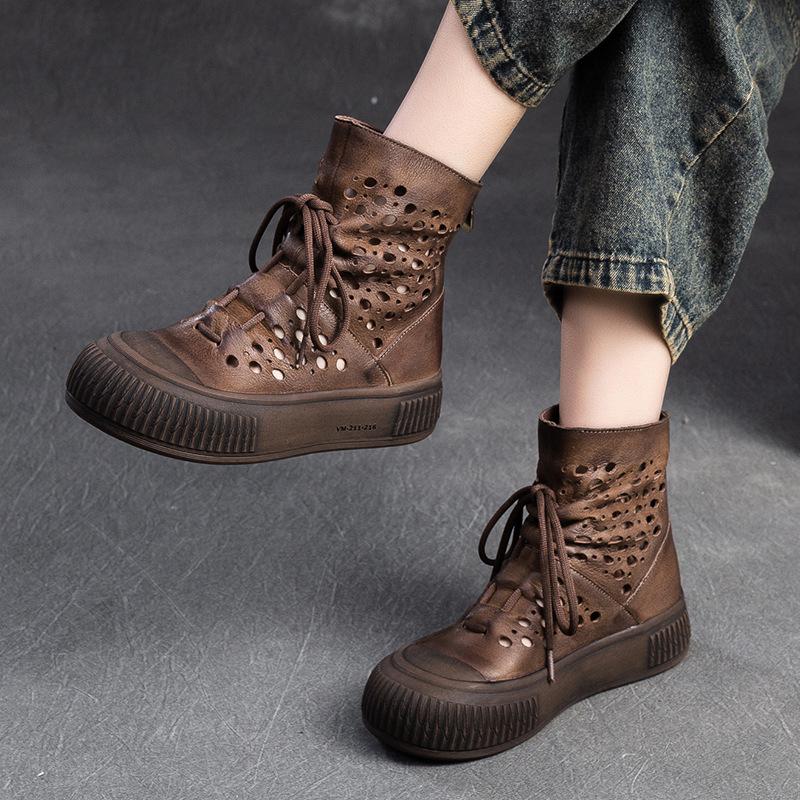 2026 Spring New First Layer Cowhide Hollow Out Clog Boots Retro Style Ventilated Ankle Shoes for Women