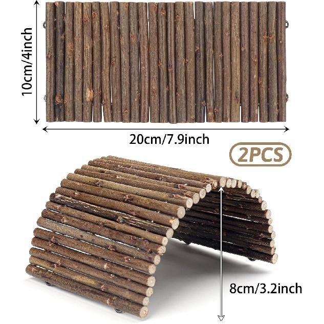 2PCS Reptile Hideout Hermit Crab Bendable Bridge, Wooden Hermit Crab Hideout Climbing Toys, Reptile Tank Habitat Decor Hiding Hut for Lizards, Mice,