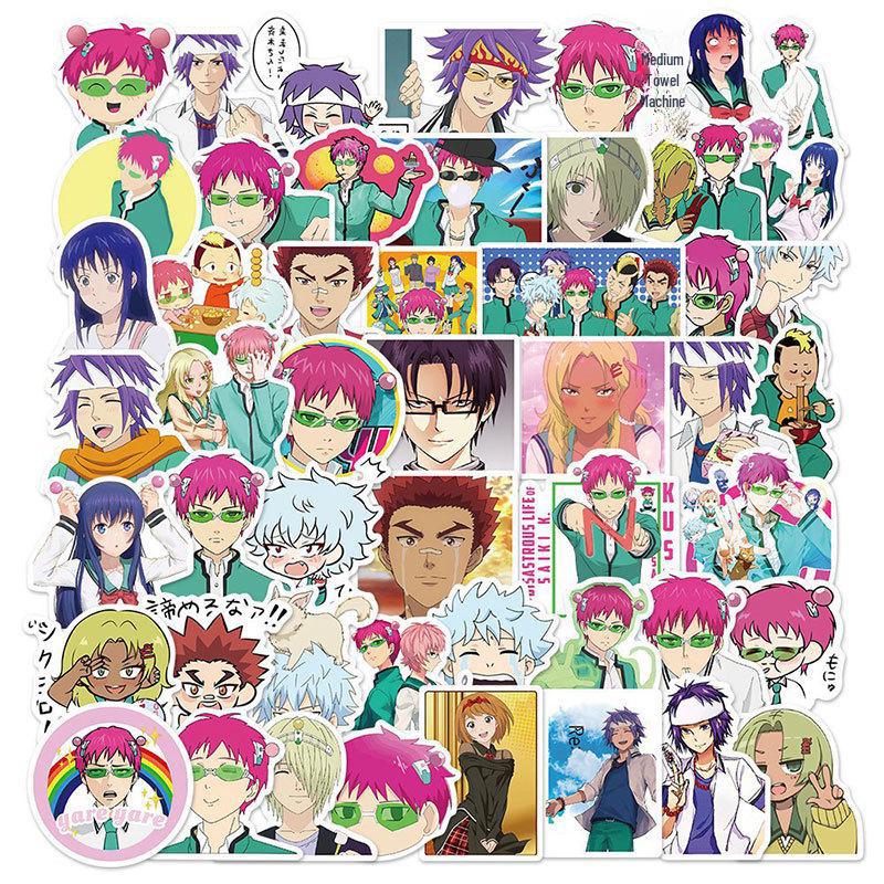 

50 наклеек с героями мультфильмов Сайки Кусуо для чемоданов, компьютеров, термосов и водонепроницаемых поделок своими руками.