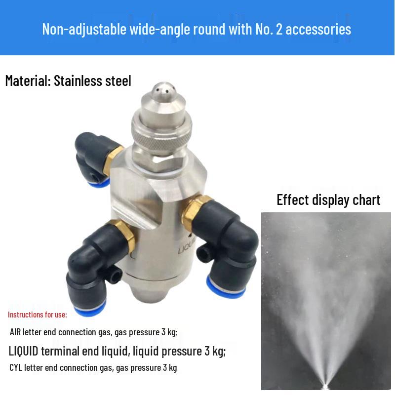 Stainless Steel Anti-Drip Triple-Fluid Air Atomizing Nozzle with Siphon and Circular Fan Spray