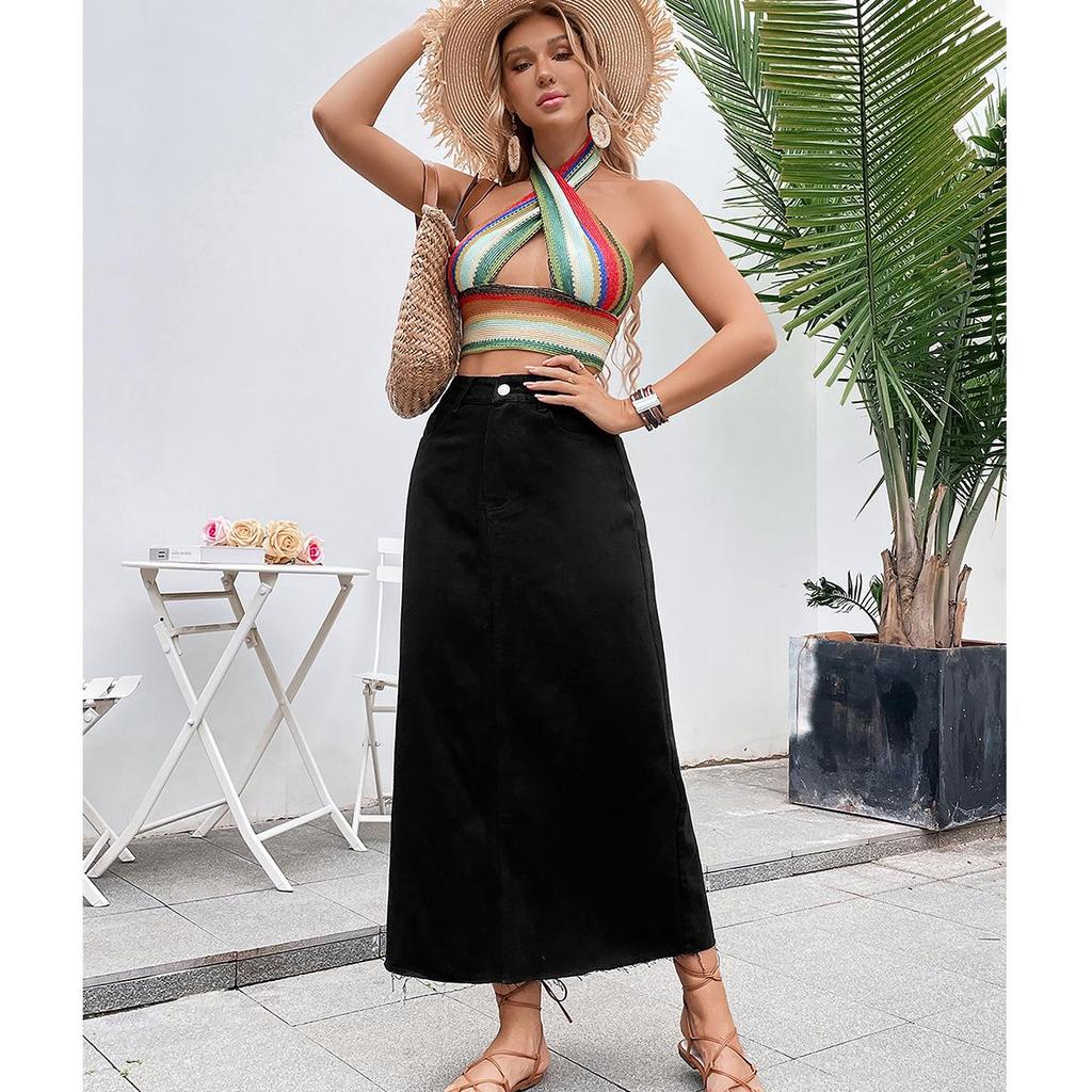 Cross-border Women's European & American Casual High Waist A-line Denim Midi Skirt