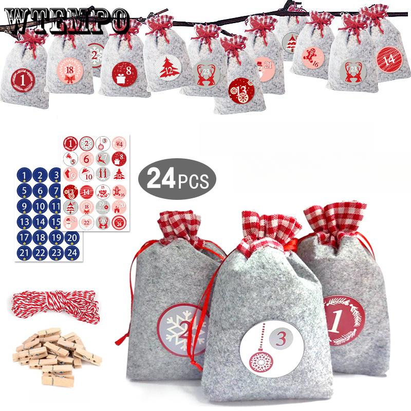 24pcs Christmas Gift Bag Drawstring Bag Countdown Calendar 24 Christmas Felt Bags Digital Sticker Cloth Bag Set