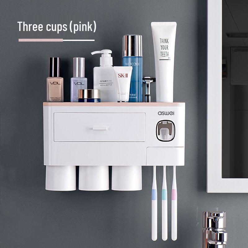 Drawer-Style Wall-Mounted Toothbrush Holder Set with Magnetic Suction Mouthwash Cup