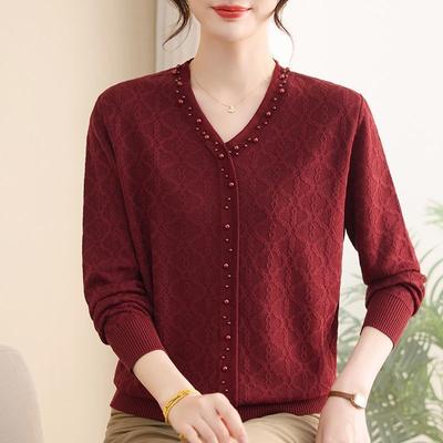 Autunno Donna Maglia Manica Lunga Patchwork Tinta Unita Perline Moda Versatile Top Lavorato a Maglia Casual Slim Pullover