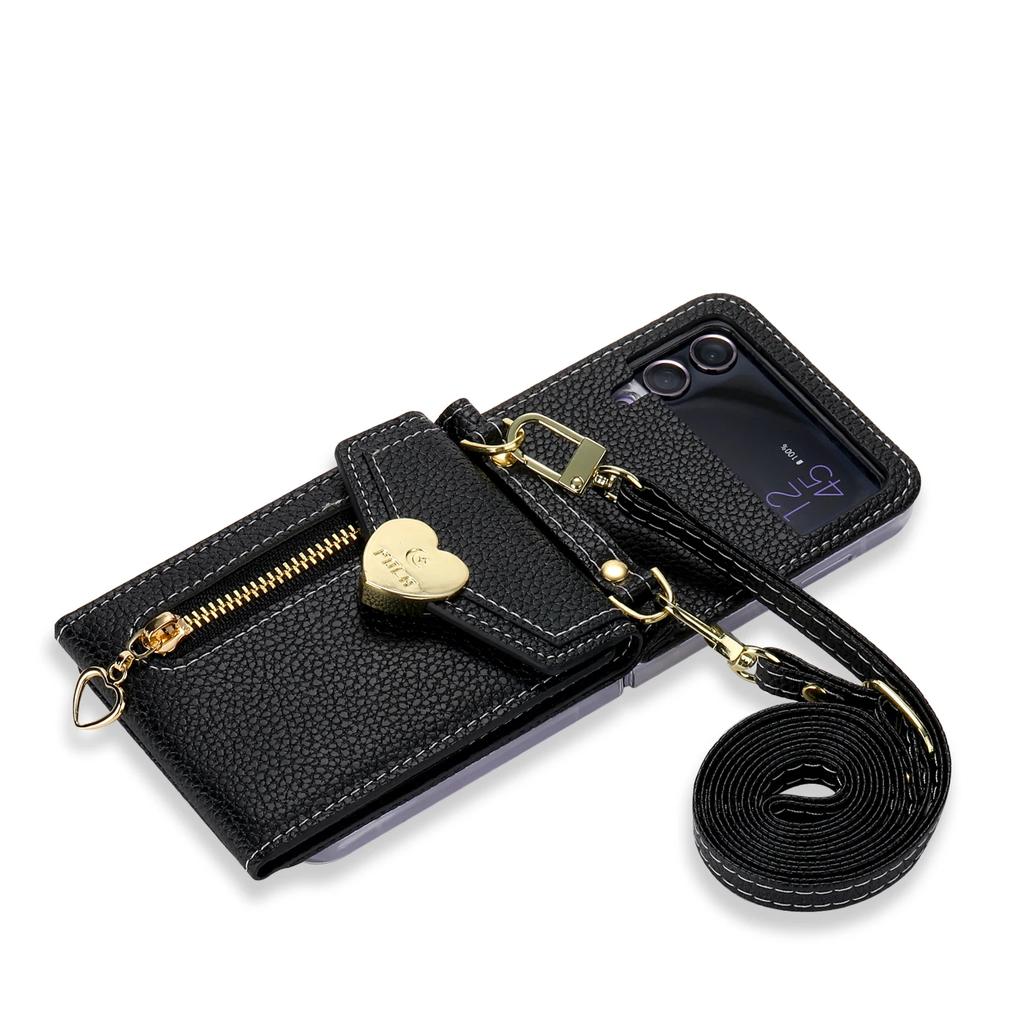 Zipper Coin Purse Crossbody Leather Bag Wallet Case for Samsung Z Flip 6FE 6 4 5 3 Neckstrap Shoulder Strap Card Holder Cover