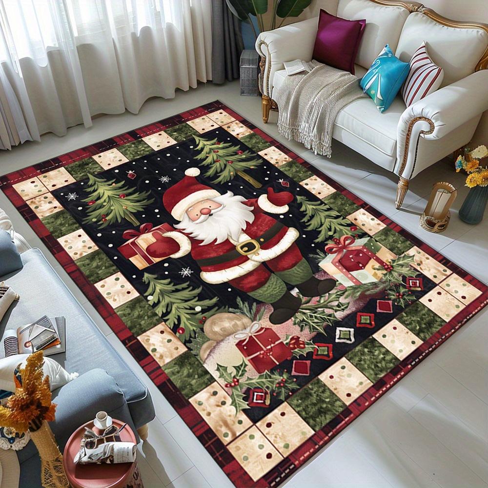 Festive Father Christmas Area Rug,  Crystal Velvet, Holiday-Themed Design with Santa Claus and Christmas Decorations, Sof