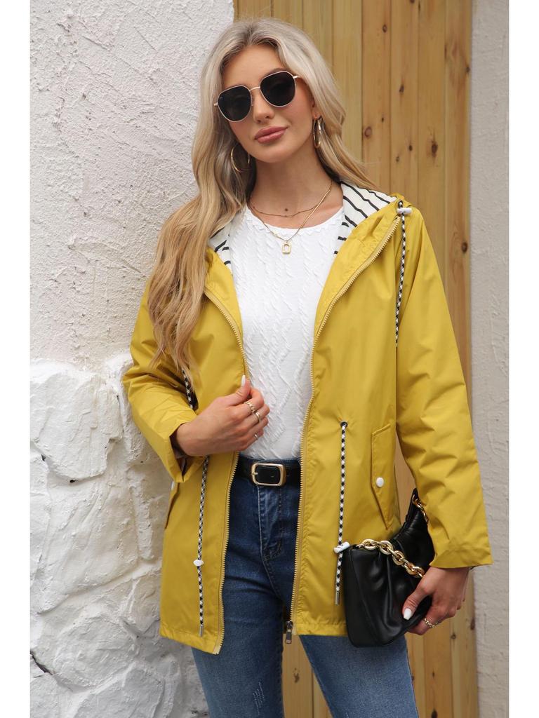 2025 Damen Wasserabweisender Trenchcoat mit Kapuze und gestreiftem Futter - Langärmlig, Mittellang, Übergröße.