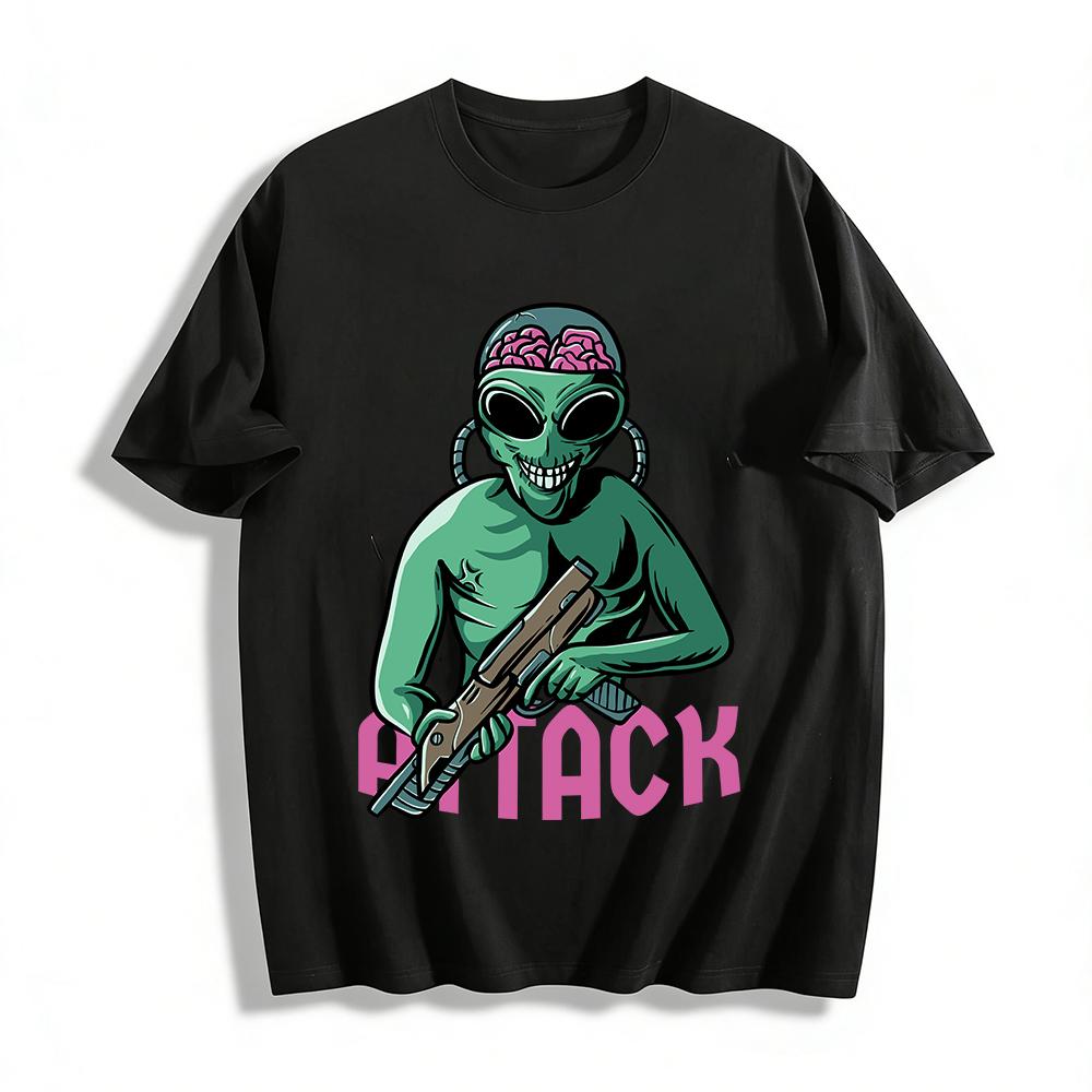 Weird Alien With Brain Print Attack Trendy Casual Short Sleeve Tee Pure cotton T-shirt XXS