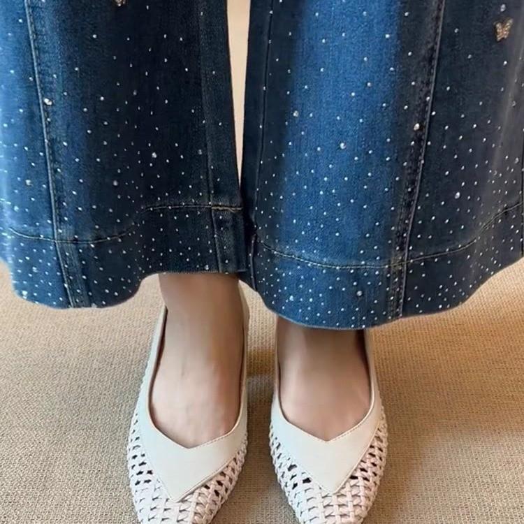 Fashion Retro woven hollow style, shallow mouth, thick heel, single shoe for commuting, breathable, round-toe French high heels