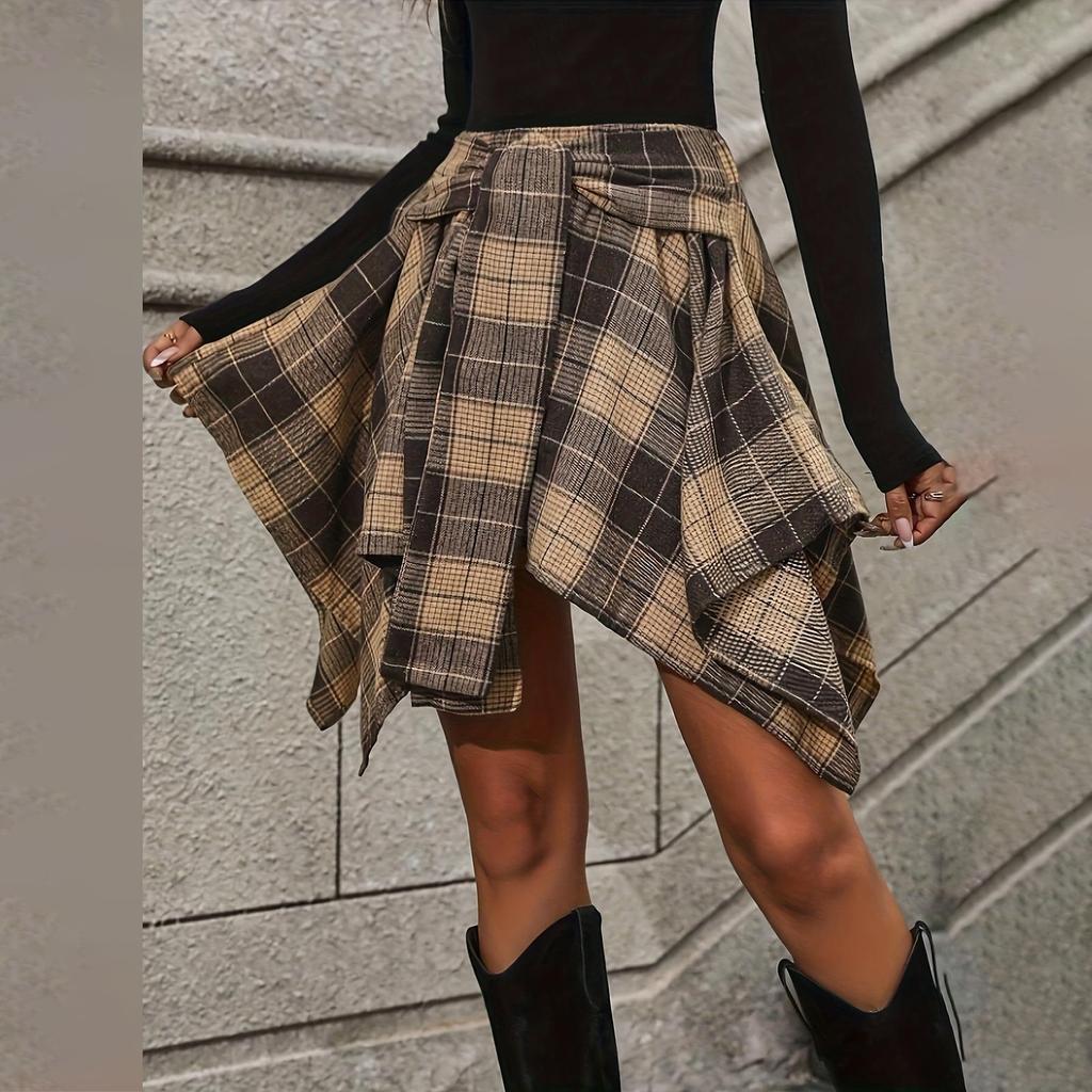 Womens Plaid Skirt High Waisted Asymmetrical Hem Flared Knot Front Casual Fashion Skirt