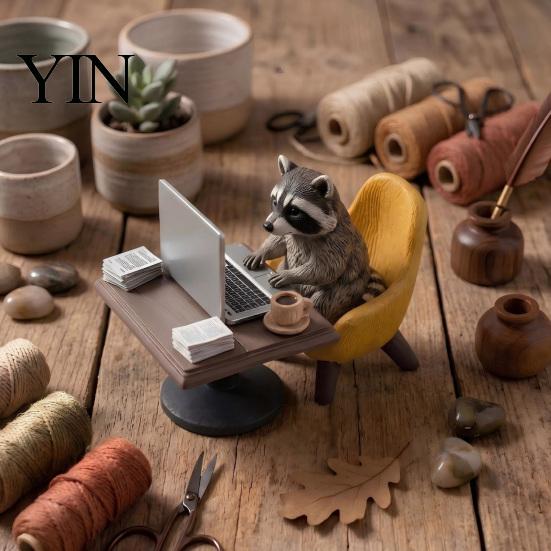 Fun Gifts for Colleagues Highland Cow/Raccoon Office Theme Ornament, Miniature Animal Desktop Decoration with Realistic Workplace Stress Relief Laptop