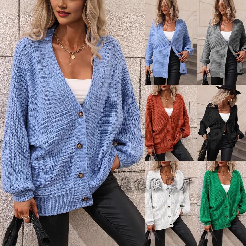 Winter knitted women's European beautiful women's sweater solid color knitted cardigan loose sweater women