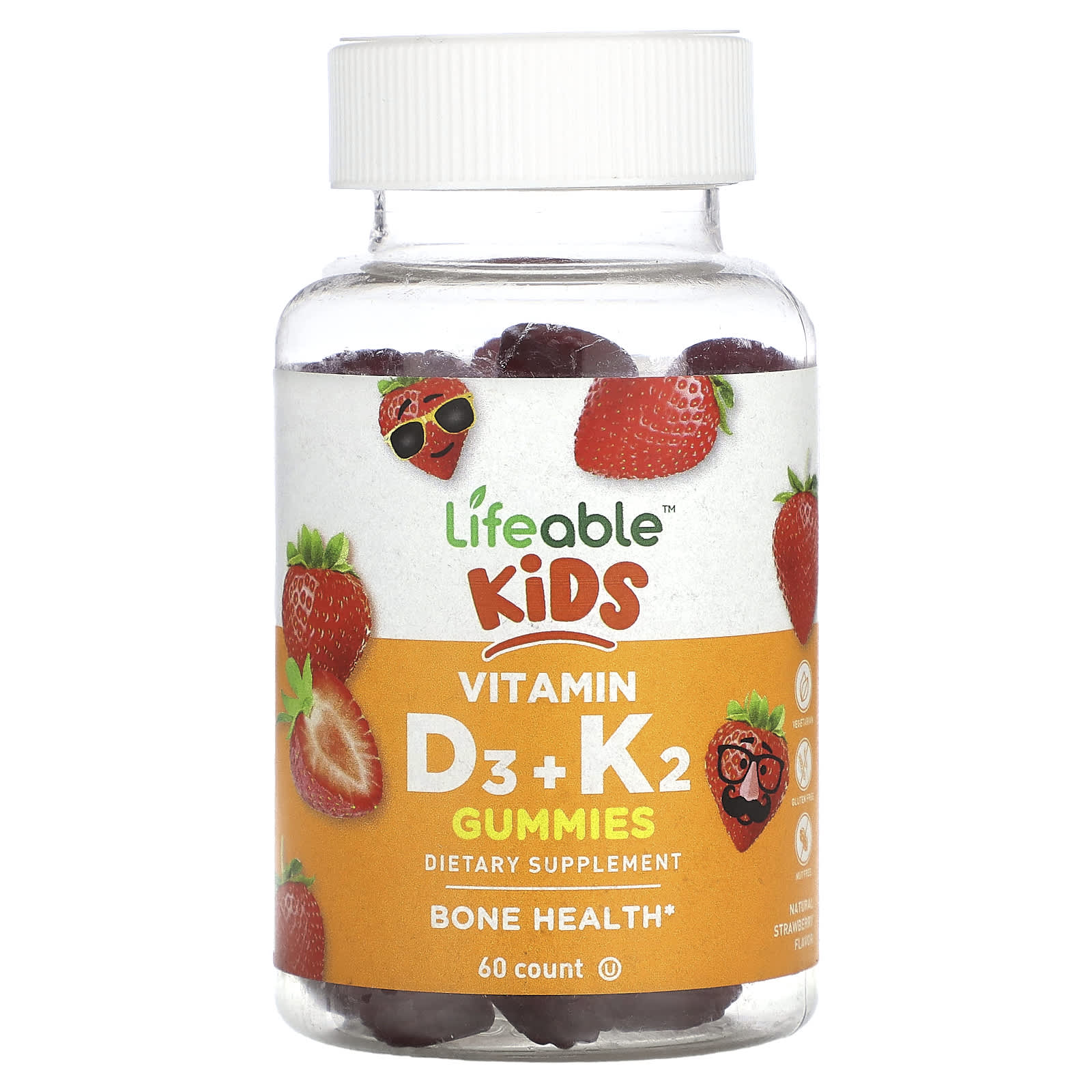 

Children s Vitamin D3 + K2 Gummies, Natural Strawberry Flavor, 60 Gummies