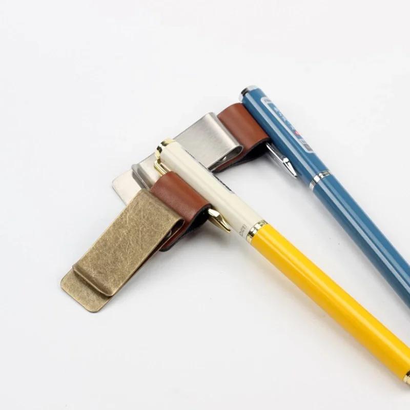 1 pieza de soporte para bolígrafo de cuero y metal, clip de acero inoxidable para cuaderno, agenda, escuela, oficina, accesorios para volver a la escuela