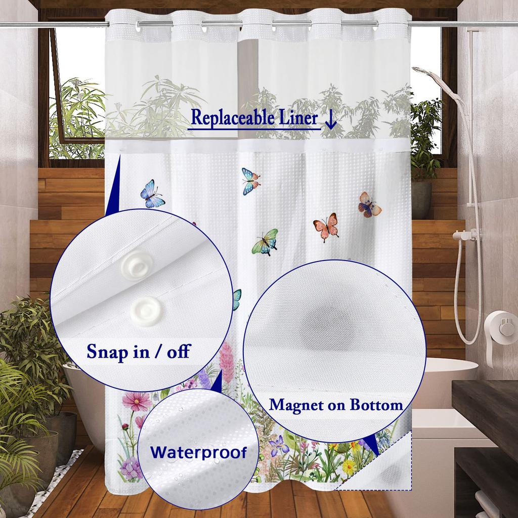 No Hook Floral and Butterfly Shower Curtain With Snap-in Fabric Liner, Sheer Top Window, Waterproof Double Layer Bathtub Curtain