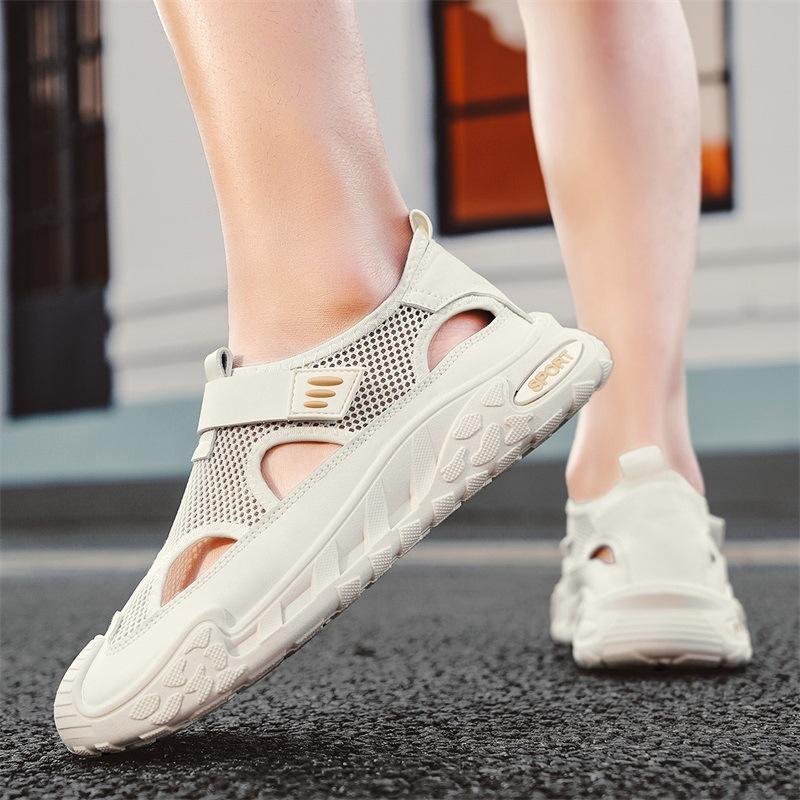 

Летние дышащие сандалии с закрытым носком, удобные туфли с полыми сетчатыми отверстиями, уличные легкие нескользящие дорожные приморские прохладные шлепанцы 44 бежевый