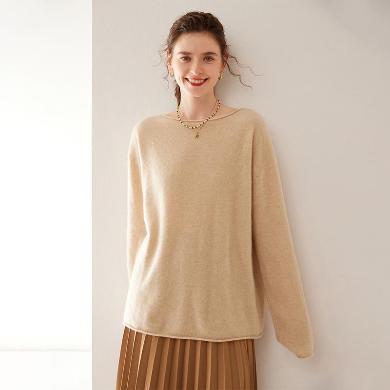 Women's Long Sleeve One-Shoulder Cashmere Knit Sweater - Mid-Length, Rolled Edge, Autumn/Winter Collection