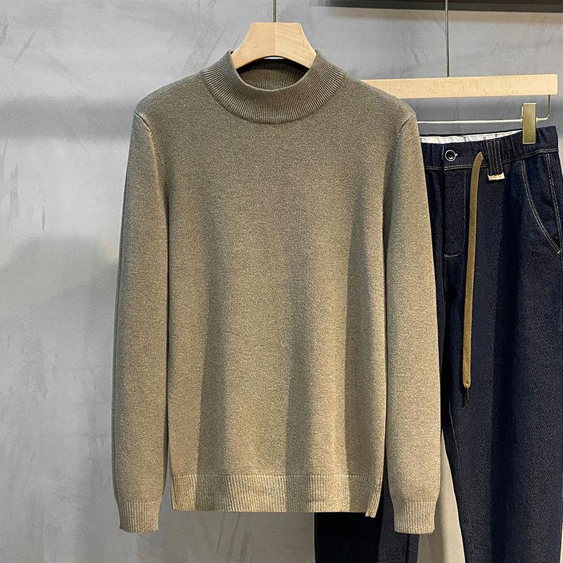New Autumn and Winter Fashion Trend Men's Simple and Versatile Half High Neck Knit with Underlay Men's Solid Sweater