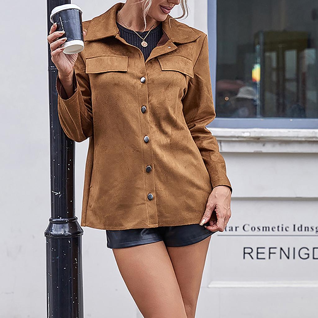 Women's Fashion- Solid Color Single-breasted Lapel Faux Deerskin Velvet Long-Sleeved Pocket Shirt Jacket