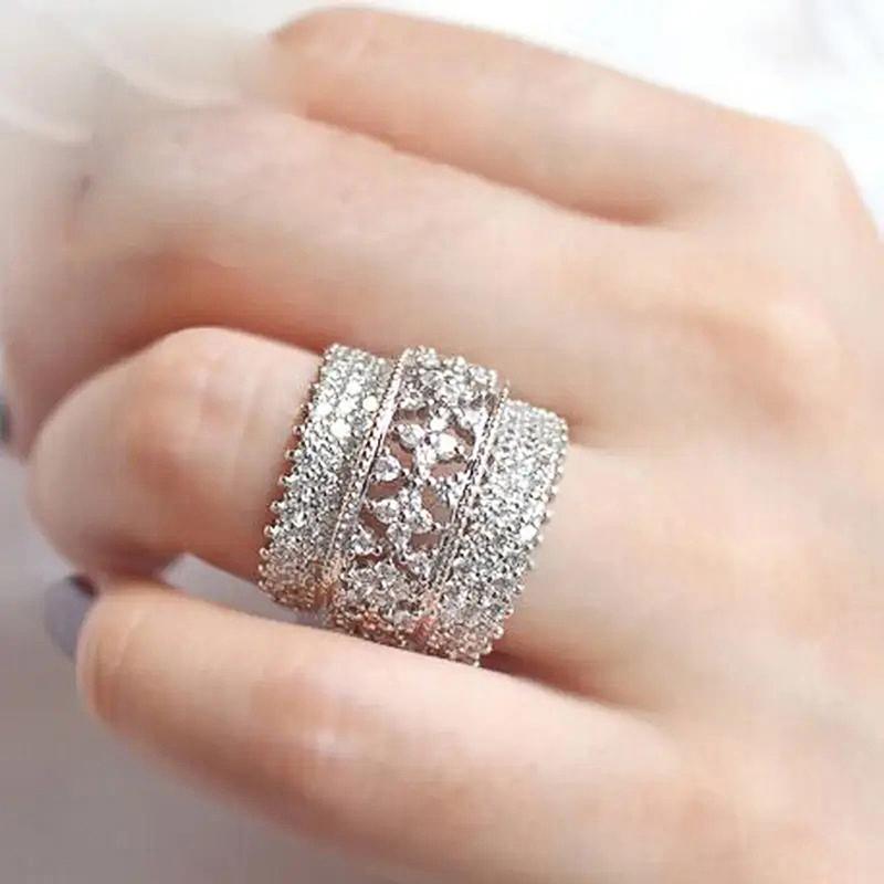 Huitan Sparkling Women Ring Gorgeous Wedding Party Luxury Full Shining Cubic Zirconia Fashion Accessories CopperColor Jewelry