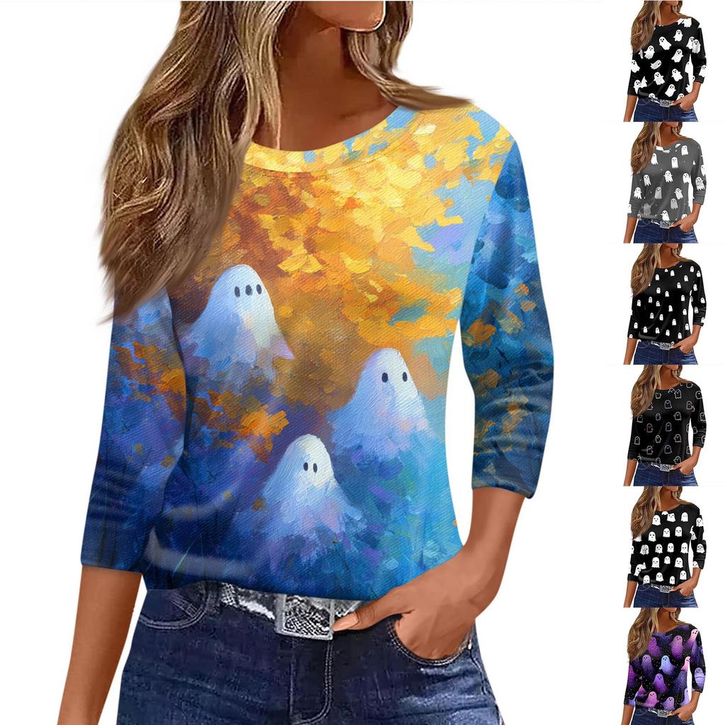 Dame O-hals 3/4 Erme Trykket Topp