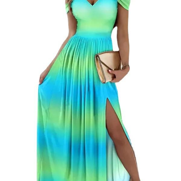 2024 Bestseller European & American Women's V-neck Sleeveless Printed Slit Long Dress