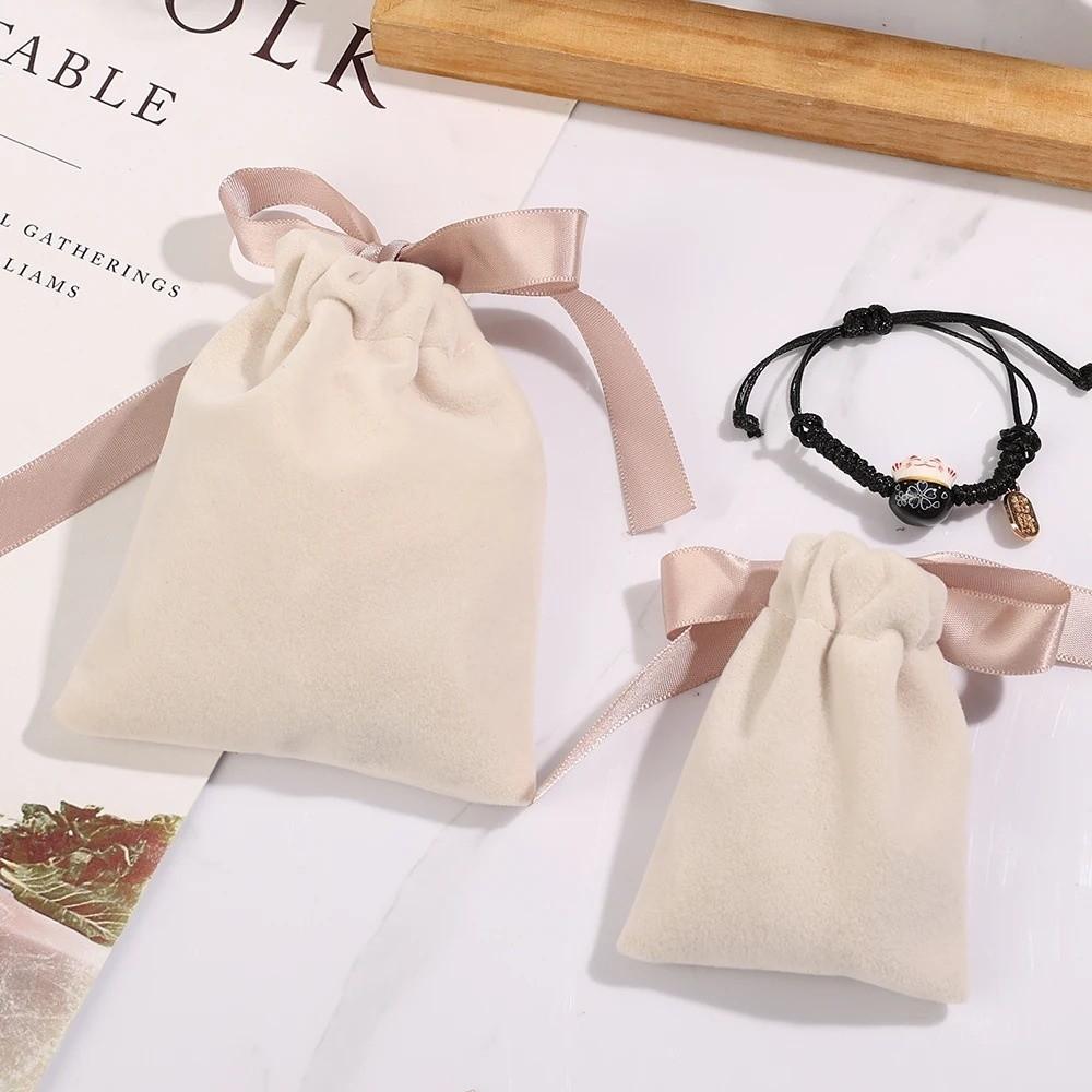 5pcs Thicken Jewelry Bags Small Bracelet Velvet Packaging Pouches Ribbon Bow Drawstring Gift Bag Jewelry Protect Storage Box