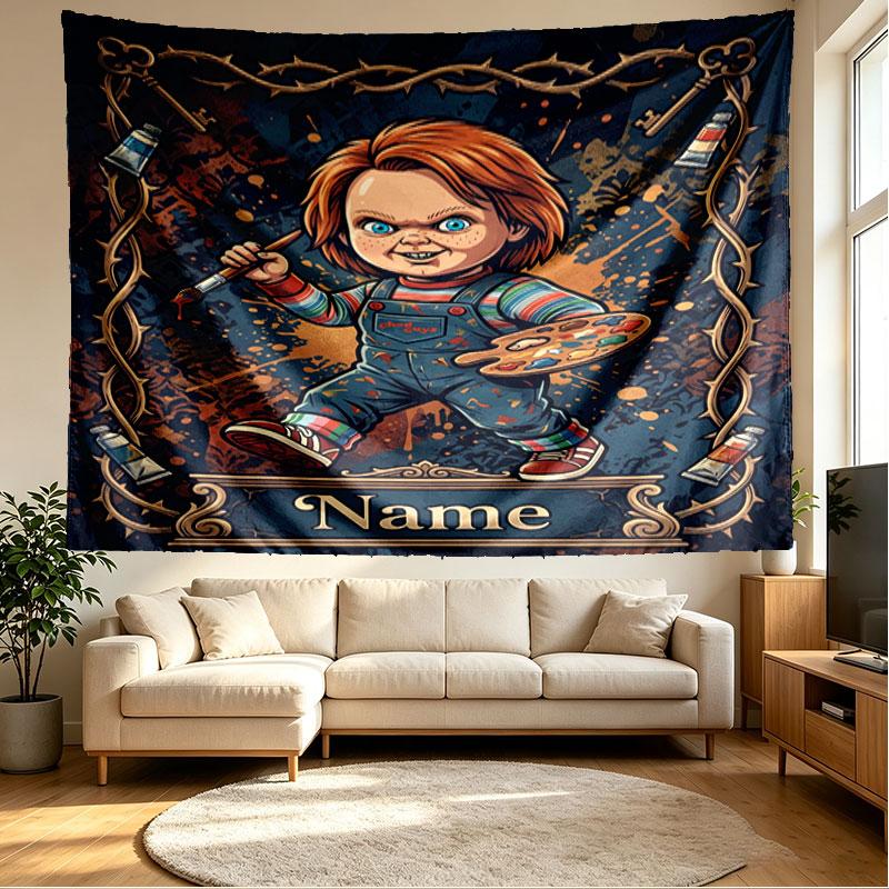 Arazzo Personalizzato con Nome Tema Horror Stampa Chucky, Decorazione Murale, Camera da Letto, Stanza Universitaria, Appartamento, Soggiorno, Sfondo per Feste, Regalo per Compleanno