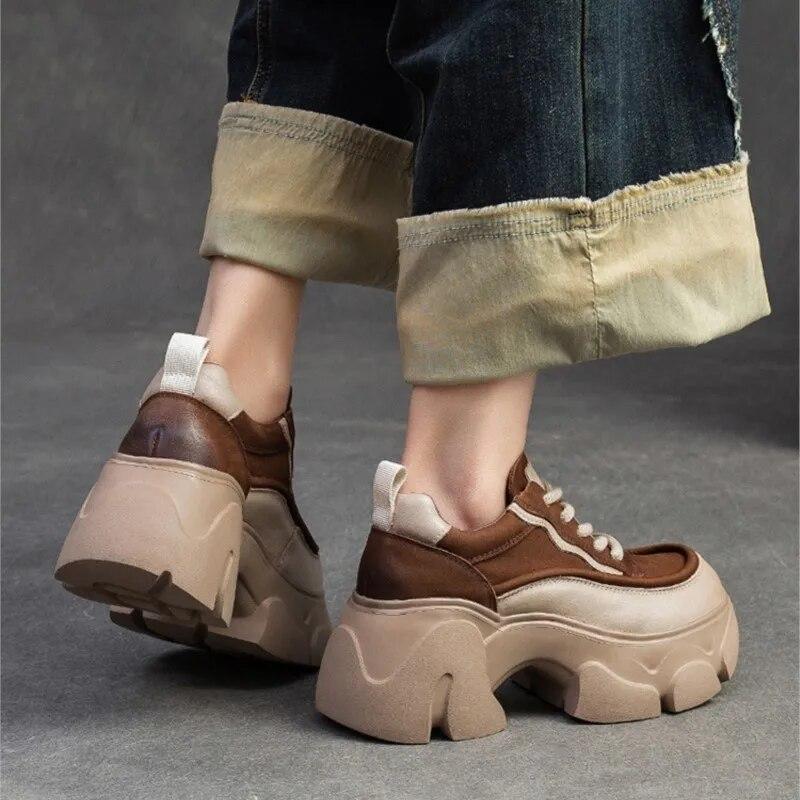 Johnature Thick Soled Heightening Pumps Genuine Leather Lace-up Versatile Retro Women's Platform Shoes