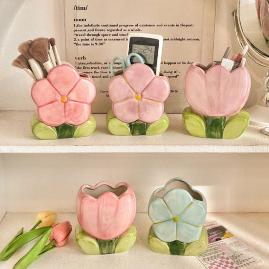 Ceramic Flower Pen Holder Cute Desk Office Storage Box Stationery Shelf Multifunctional Aesthetic Desktop Organizer for Makeup Tools Rulers Brushes