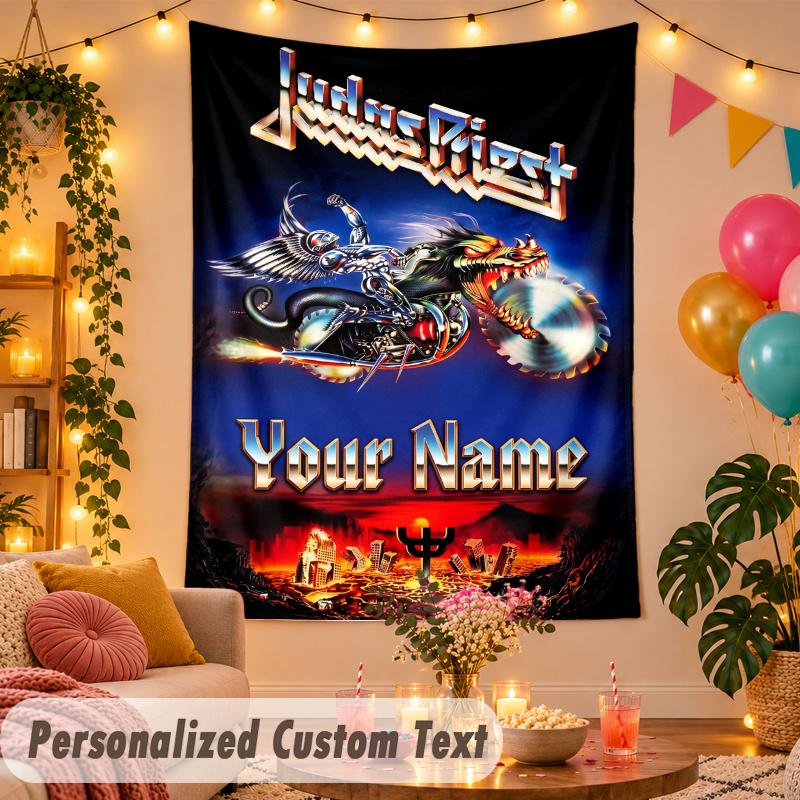 Arazzo da Parete Personalizzato Judas Priest Testo con Nome Personalizzato Poliestere Decorazione da Appendere Stanza di Casa